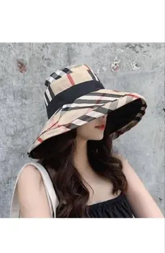 帽子 女優帽 リバーシブル ワイヤー入り UVカット チェック柄 日よけ