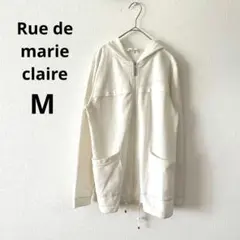 マリクレール▶ジップアップパーカー 白 長袖 フード付 M ブランドロゴ刺繍