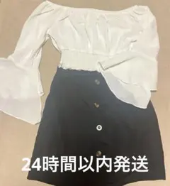 SHEIN 130 ホワイトフリル袖 トップス&ブラック タイトスカート 春服