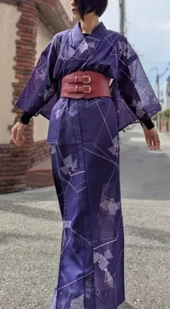 幾何学模様 紫 小紋 着物 透ける シースルー　大正ロマン　夏着物　夏きもの