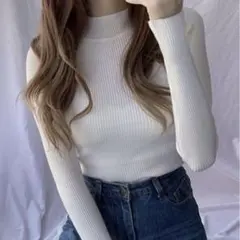 グレイル ハイネックリブニットトップス ホワイト S きれいめ カジュアル 無地