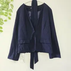 海外古着 ネイビー ノーカラー ジャケット 共布ロングベルト付 モード S～M