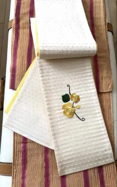 あずきの花とサヤの刺繍　リバーシブル半幅帯のサムネイル