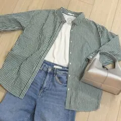 レディース　長袖　シャツ　ストライプ　グリーン