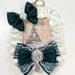 硬質ケース　デコ　リボン　緑　白　深緑　B8 トレカケース　ハンドメイド