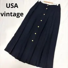 【USA製ヴィンテージ】ウール100% フロント金ボタン プリーツスカート 紺