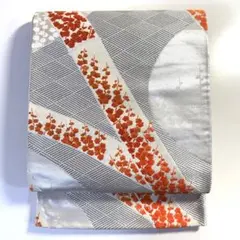 6k625 袋帯　絹　唐織　銀色　白　橙色　花柄　和装　着物