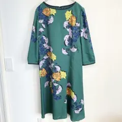 【スーナウーナ】花柄ワンピース 38 M グリーン 七分袖 ひざ丈 上品