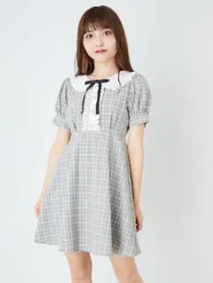 アンクルージュ 半袖 チェック柄 ワンピース フリル 襟付き