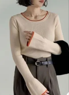 Re:EDIT クルーネックフレアスリーブ配色リブニットトップス【未使用】