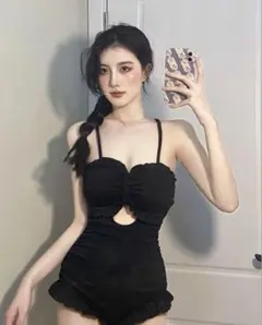 レディース 体型カバー 水着 ワンピース フリル 脚見せ 韓国 水着 L