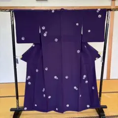 C- 1115▲お洒落着物　粋な　正絹小紋　紫地　一越縮緬　雪輪紋　未着