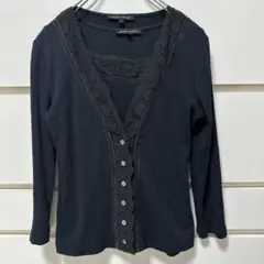 LAURA ASHLEY 黒 コットン混　カーディガン 七分袖　レース
