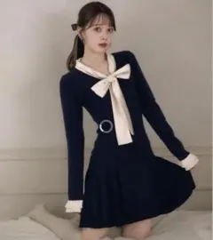 fupelネイビーリボン付き長袖ミニワンピース