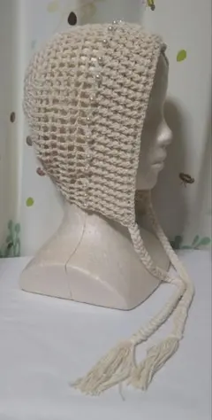 ボンネット　グラニースクエパール付きバラクラバ手編み メッシュラメ入りボンネット