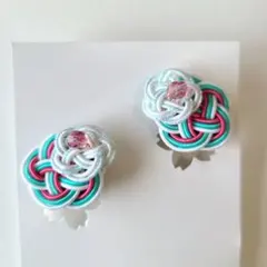 ハンドメイドイヤリング　水引アクセサリー　ピンク　水色　白