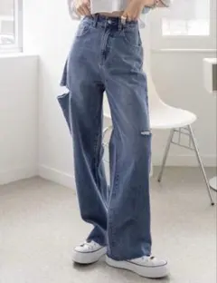 【美品】DAZY ライトブルー ワイドレッグ デニムパンツ L