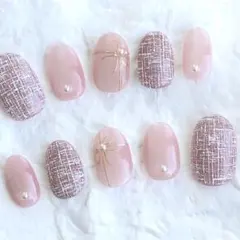 匿名配送：ネイルチップ　ピンクツイード　マグネット　フラッシュ　リボン　029