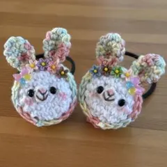 あみぐるみヘアゴム♡パステル蝶々&お花いっぱい♡お花畑ずきんうさぎちゃん