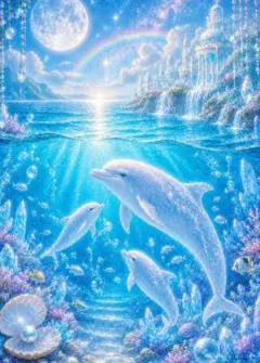 108【虹色の海を泳ぐ幸運の白イルカ クリスタルオーシャン】 デジタルアート