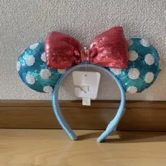 【ミニー】 タグ付き カチューシャ 水色 ドット スパンコール 立体的リボン