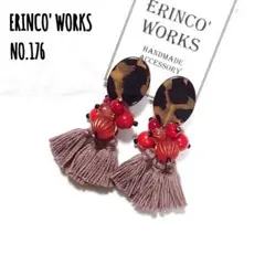 ＼個性的／タッセルピアス 豹柄 赤 一点物 大ぶり【イヤリングへ変更可能】