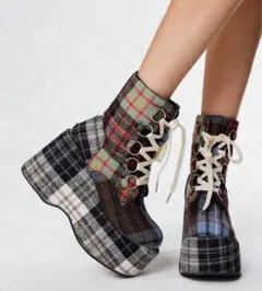 チェック柄 Y2K ゴシック 厚底ブーツ