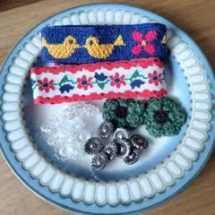 ❤ヴィンテージ❤トリ刺繍リボン 花リボンとフラワーボタンセット ハンドメイド