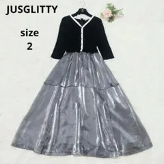 極美品 JUSGLITTY Vネックリブ 配色ニット ドッキングワンピース