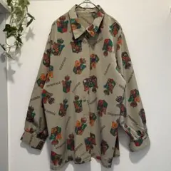 レトロ柄 総柄シャツ 王冠 紋章 ビンテージ 個性派 長袖シャツ M相当