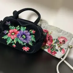 FEILER花柄刺繍 ハンドバッグ 黒 ショルダーバック　２点セット