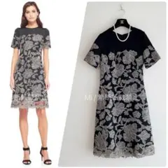 【TADASHI SHOJI】フラワー刺繍レース　ドレスワンピース　半袖　黒　4