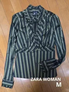 ZARA WOMAN ストライプ フリル 長袖ブラウス グリーン系