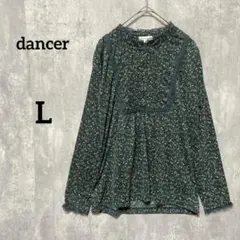dancer 小花柄　フリルブラウス　グリーン　襟レース　ガーリー　 L