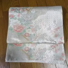 シルバー系 花柄 袋帯 絹