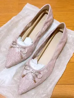 RANDA ピンク レース ポインテッドトゥ フラットシューズ