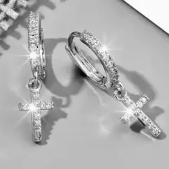 最高級CZ 18KGP クロスチャーム フープピアス アヴァランチ系 両耳用