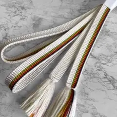 絹 帯締め☆平組 白×群青×緑×山吹色×赤 多色織り ライン柄 組紐