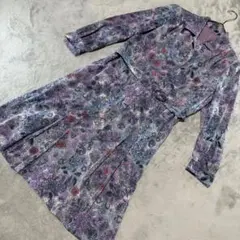 ノーブランド 長袖プリーツワンピース 花柄 パープル タグなし