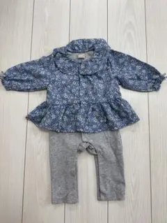 【美品】petit main 花柄 ブルー　フリル ロンパース 80cm