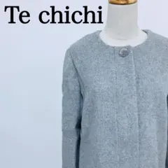 テチチ　ノーカラーコート　毛混フルジップアウター　センターベント　グレー