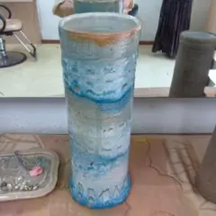 陶器製 傘立て ブルー系 筒型