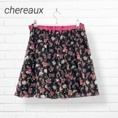 chereaux✨シェロー ミニスカート（38）花柄 シフォン 黒×ピンクのサムネイル