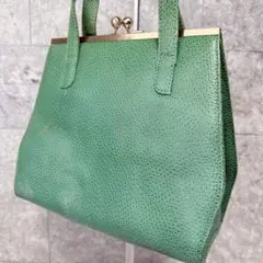 【訳あり格安】レトロ がま口バッグ 型押しレザー 希少色 グリーン ハンドバッグ