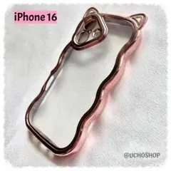 iPhone16用 猫耳メタリックケース ローズピンク