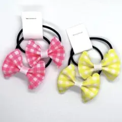 【リボンヘアゴム 4個セット】蛍光 イエロー ピンク チェック フリル キッズ