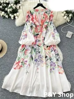 春秋コーデ❤️Vライン　レディース　ロング丈ワンピース　長袖　花柄