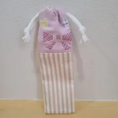 No.678　ハンドメイド　コップ袋　給食袋　巾着　ストライプ　リボン柄