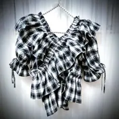 GRL グレイル 2Way オフショルダー チェック クロスフリルブラウス 黒