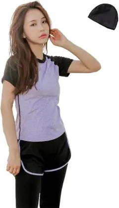 ヨガウェアセット Tシャツ ショットパンツ付きレギンス 帽子つきの3点セットYO